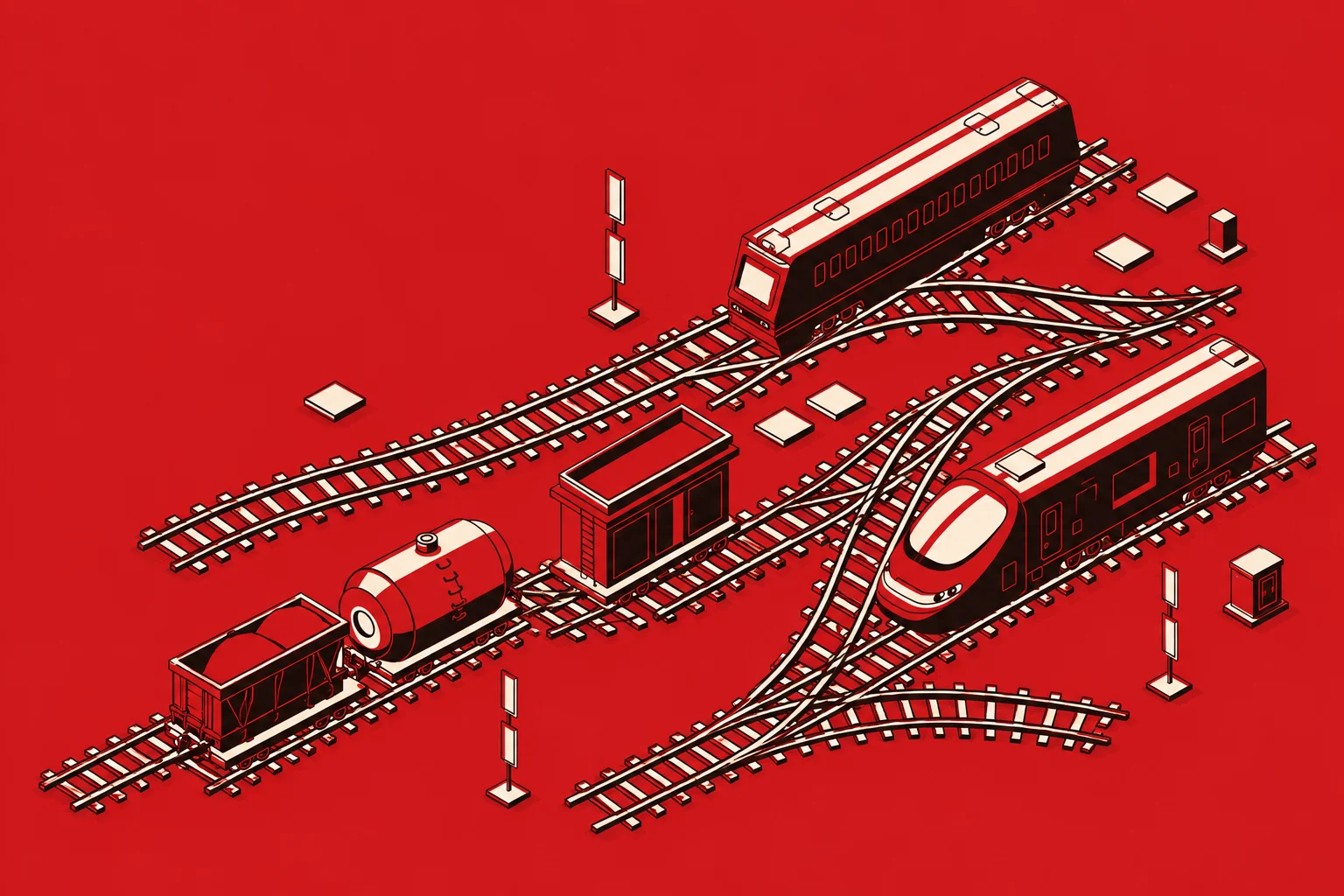 Illustrated red rail network representing system integration for connected train operations